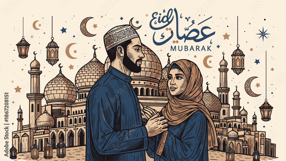 Fototapeta premium Couple Celebrating Eid al-Fitr in Traditional Islamic Attire