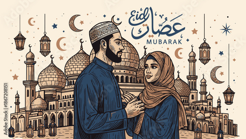Couple Celebrating Eid al-Fitr in Traditional Islamic Attire
