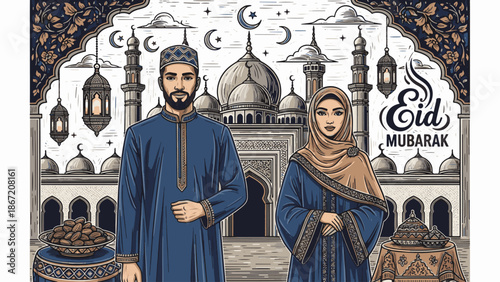 Traditional Eid Mubarak celebration with mosque and lanterns illustration