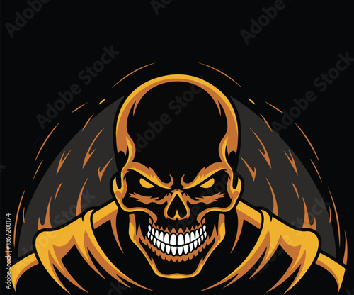 Drawing of a skull surrounded by blazing flames.