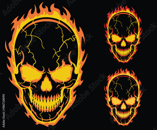 A graphic representation of a skull lit with surrounding flames.