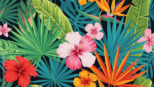 Vibrant Tropical Floral Pattern Vector Illustration - Exotic Leaves and Flowers Seamless Background