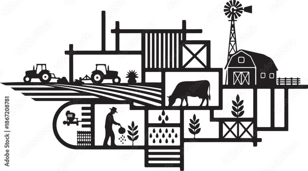 Obraz premium Farm Landscape with Tractor and Barn Illustration