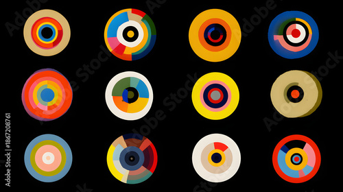 transmutation. Vibrant circular patterns representing drumbeat rhythms in an abstract composition. event programs, museum guides, designed for cultural heritage projects and event programs.