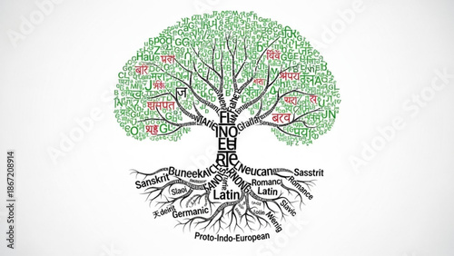 Linguistic tree of indo european language family with roots and branches labeled with language tree and linguistics and Proto Indo European and language evolution