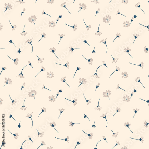 Delicate seamless vector pattern with tiny daisy like flowers and buds scattered across a soft beige background. Minimal, airy floral design for fabrics, stationery and spring decor