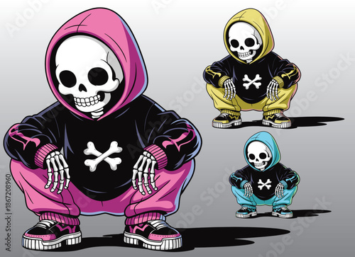 An adorable skeleton wearing a hoodie in a crouching pose.