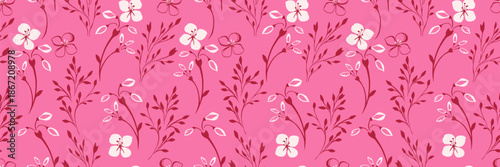 Bright seamless floral vector pattern with simple cream blossoms, burgundy stems and white leaf accents on a vivid pink background. Fresh, modern for textiles, packaging and decor
