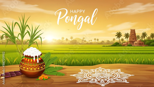 Happy Pongal Sunrise Village Landscape with Traditional Pot and Paddy Fields