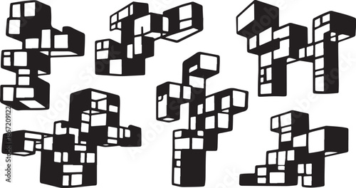 Black and white 3D cube shapes floating in space