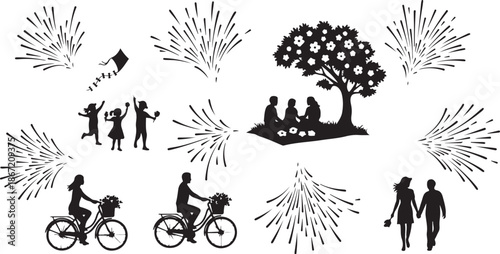 Silhouette of people enjoying outdoor activities and celebrations together