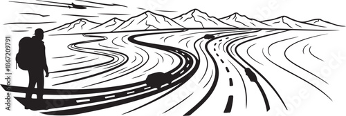 Hiker standing on winding road with mountain range in background