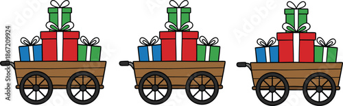 Christmas gift wagon illustration, wooden carts loaded with colorful presents, holiday shopping delivery concept, festive celebration design