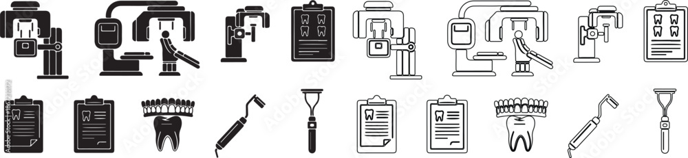 Obraz premium Dental and Dentistry Icons Set. Modern Line and Glyph Style Vector Collection. isolated PNG with Transparent Background