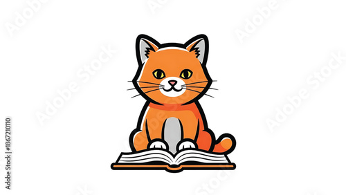 Orange cat reading book cartoon character.