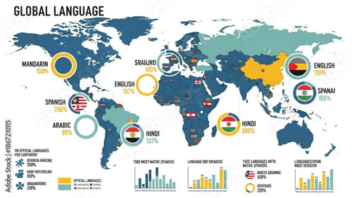 Global language distribution map infographic showing official languages and native speakers across continents and countries with language statistics