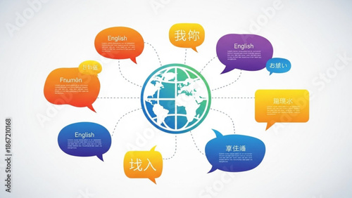 Global communication concept with multilingual speech bubbles surrounding earth illustration with language diversity and globalization and cultural exchange