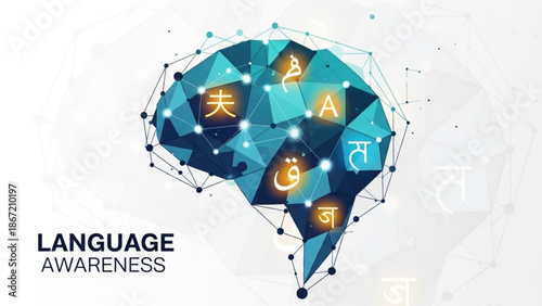 Language awareness concept with glowing symbols and geometric brain shape on white background with neural network and artificial intelligence