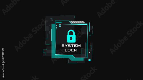 system lock interface with padlock icon and HUD digital elements. Cyber security access control screen on dark background for data protection and high-tech privacy concept. system lock interface