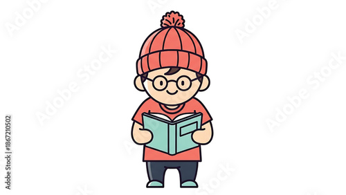 Cartoon boy reading book red hat glasses winter clothes.