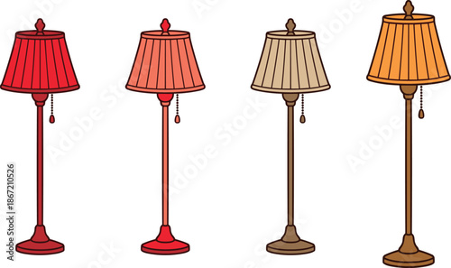 Floor lamp set illustration with classic standing lamps, vintage interior lighting design, colorful lampshades, home decor vector collection