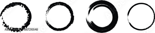A series of abstract black brush stroke circles arranged horizontally on a plain white background