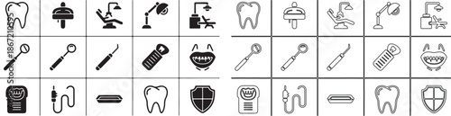 Modern Dental Icon Set Vector Illustration. Dentistry Tools, Equipment, and Oral Care Symbols. isolated PNG with Transparent Background