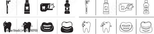 Collection of Dental Care and Oral Hygiene Vector Icons. Toothbrush, Toothpaste, Mouthwash, Tooth, and Dentures in Glyph and Line Style. isolated PNG with Transparent Background
