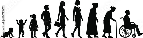Human life cycle silhouettes from baby to elderly woman including walking, aging, disability and wheelchair stages isolated on white background