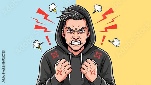 Angry young man with clenched fists and lightning bolts representing rage and frustration