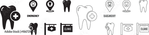Modern Black Dental Care Vector Icons Set with Tooth, Clinic Location, and Emergency Symbols isolated PNG with Transparent Background