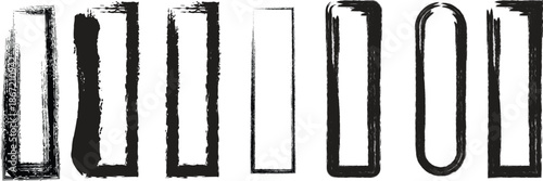 A series of abstract black rectangular brushstrokes arranged horizontally across a plain white background creating a visual pattern