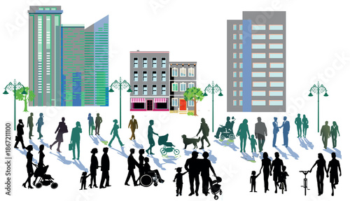 Straßen Panorama mit vielen Menschen Paare und Familien auf der Straße, illustration