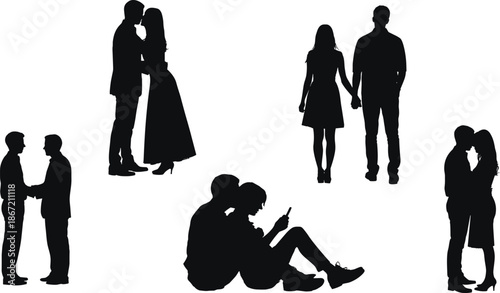 Romantic couple silhouettes vector set, people in love poses, dating relationships concept, walking sitting kissing couples, black isolated illustration