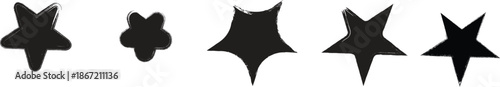 A simple row of five differently shaped black stars against a clean bright white background is displayed