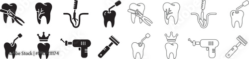 Black and Outline Vector Dental Icons Set. Dentistry Procedures, Tools, and Tooth Care Symbols. isolated PNG with Transparent Background