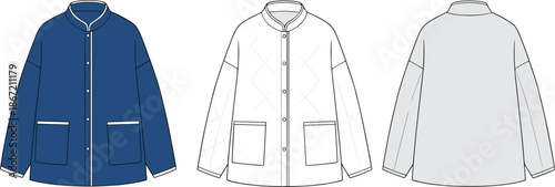 Men Quilted Winter Jacket Technical Flat Sketch Showing Front Back and Construction Details for Apparel Manufacturing Fashion Design Vector