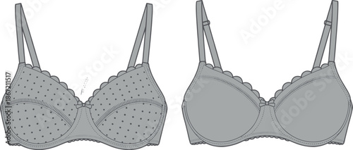 Women bra technical drawing illustration, lingerie underwear front back views, fashion garment design details, monochrome line art style
