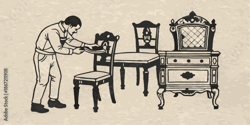 A person restoring old furniture monochrome vintage image. Flat vector illustration.(Несколько значений)