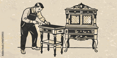 A person restoring old furniture monochrome vintage image. Flat vector illustration.(Несколько значений)