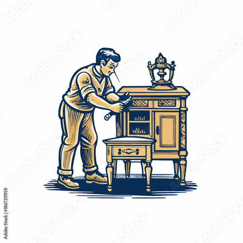 Hand drawn a person restoring old furniture image. Flat image isolated on white background. Vector illustration.