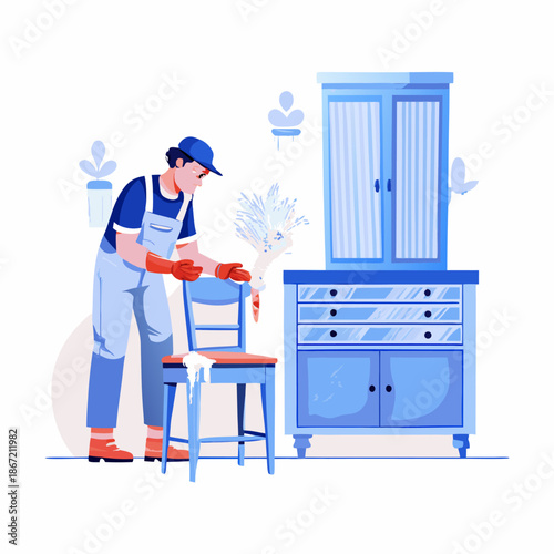 A person restoring old furniture. Flat style. Vector illustration.