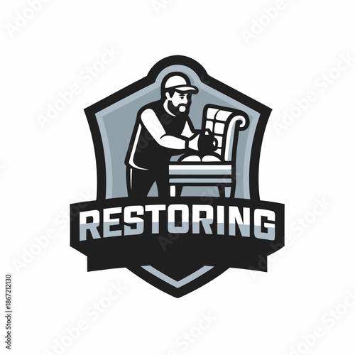 A person restoring old furniture emblem. Craftsman handyman logo. Flat style. Vector illustration.