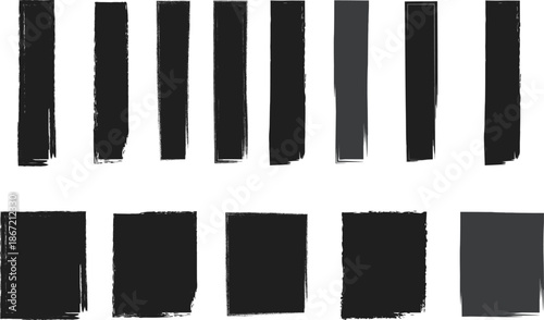 A minimalistic composition displays a series of vertically oriented rectangular brushstrokes in varying shades