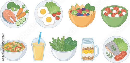 Healthy food meals set with salmon, salad, eggs, fruit bowl, smoothie and pasta, nutritious breakfast and dinner icons vector illustration on white