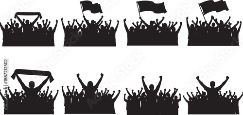 Silhouette, crowd, of, people, cheering, with, flags, and, banners, at, a, concert, stadium, protest, or, sports, event, isolated, on, white, background, vector.
