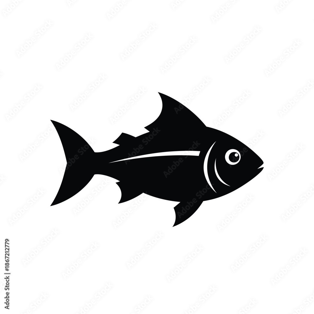Obraz premium Vector illustration icon black silhouette of a fish with white details on pure