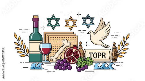 Passover Seder Plate Symbols and Elements Collection.