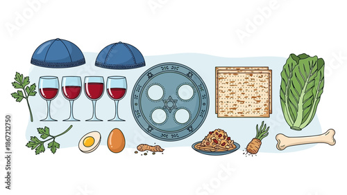 Passover Seder Plate and Ritual Items Illustration.