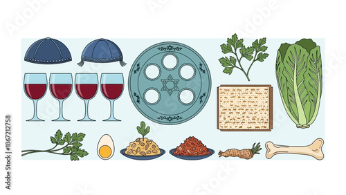 Passover Seder Plate Items and Wine Glasses.